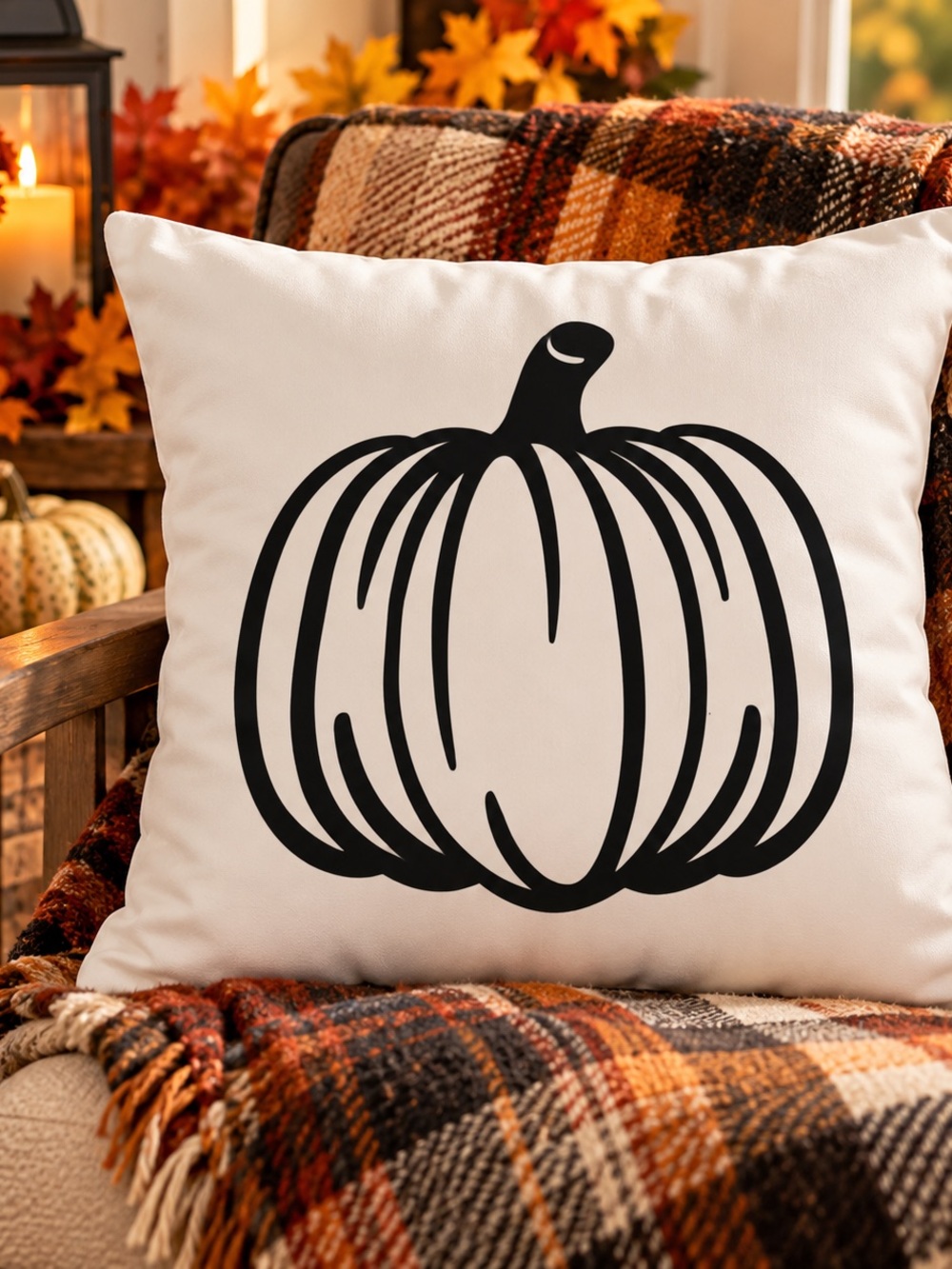 Home Holiday Cream Pumpkin Throw Pillow case with Black Pumpkin Graphic